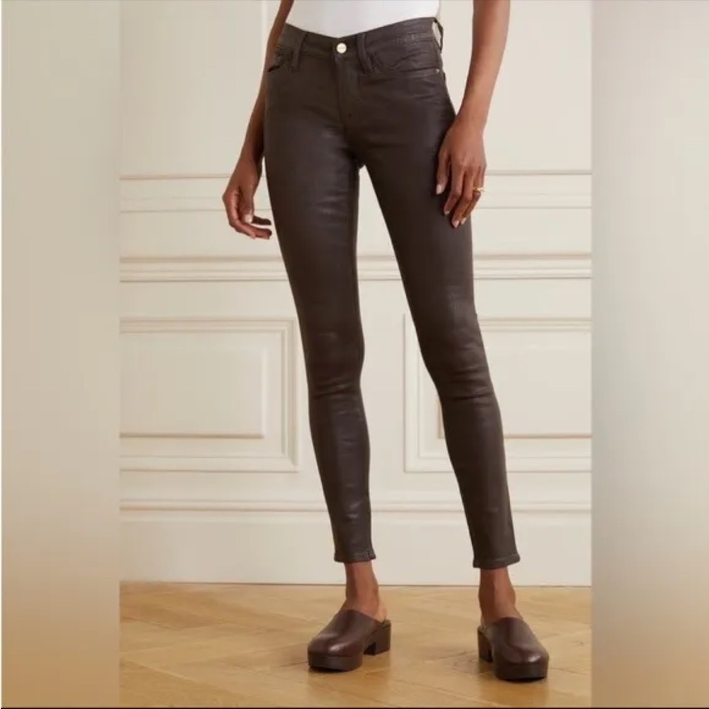 FRAME Denim Le Skinny De Jeanne Waxed Coated Denim Brown Mahogany 32